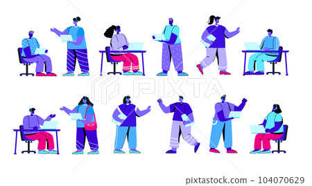 Set of hotline operators, helpline dispatchers. Collection of male and female characters wearing headsets working in call center and providing customer support service. Flat blue vector illustration. 104070629