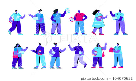 Set of business people talking to each other. Bundle of businessmen and businesswomen, entrepreneurs, office workers, employees, clerks having conversation or dialog. Flat blue vector illustration. 104070631