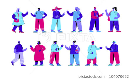 Set of people of different race, ethnicity, nationality. Bundle of foreigners waving hands and having conversation. Multinational or multicultural communication. Modern flat blue vector illustration. 104070632