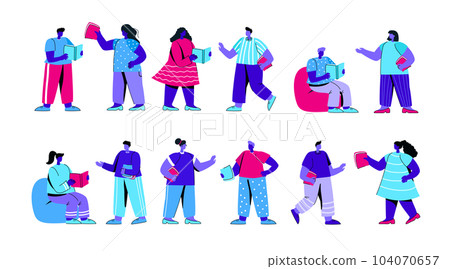 Set of men and women reading books. Collection of young people studying and talking to each other. Bundle of students with textbooks isolated on white background. Flat cartoon vector illustration. Set of men and women reading books. Collection of young people studying and talking to each other. Bundle of students with textbooks isolated on white background. Flat cartoon vector illustration. 104070657
