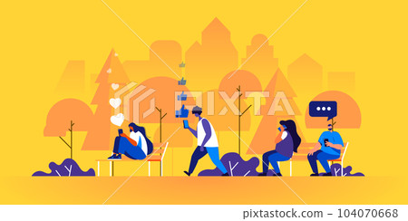 People spending time on social networks using their electronic gadgets or talking on phone in park. Young men and women sending internet messages via smartphones. Flat cartoon vector illustration. 104070668
