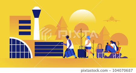 People with suitcases walking towards airport terminal building or sitting outside on bench. Tourists or travelers with baggage waiting for flight departure. Modern flat cartoon vector illustration. 104070687