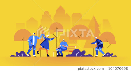 Funny men and women roller skating in park. People on roller skates performing recreational outdoor activity or sports exercise. Roller skaters on city street. Flat cartoon vector illustration. 104070698