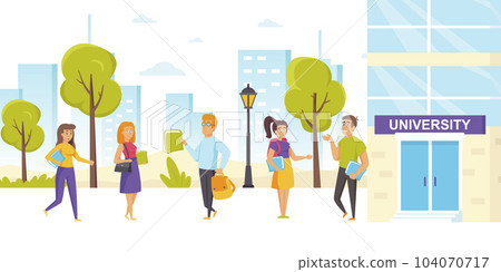 Funny fellow students with textbooks meet and talk to each other at campus. Happy teenage boys and girls with books walking outside university building. Modern flat cartoon vector illustration. 104070717