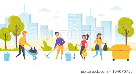 Happy men and women cleaning up city street. Group of young ecologists, volunteers or eco activists picking up and disposing garbage in park. Community service work. Flat cartoon vector illustration. 104070733