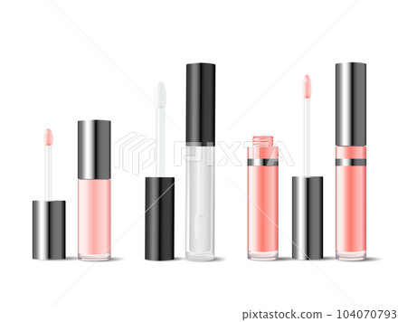 Realistic mockups of glass tubes for lip gloss or lip lacquer. Cosmetics product package set for branding. Pink and white bottle with brush for liquid lipstick vector illustration. Makeup for beauty. Realistic mockups of glass tubes for lip gloss or lip lacquer. Cosmetics product package set for branding. Pink and white bottle with brush for liquid lipstick vector illustration. Makeup for beauty. 104070793