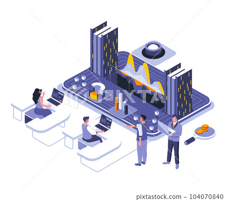 Data analysis landing page vector template. Information chart and graph website header UI layout with isometric illustration. Accounting report, financial presentation web banner isometry concept 104070840