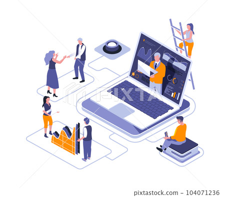 Virtual business assistant isometric landing page vector template. Professional consulting website homepage UI illustration layout. Digital assistance, AI technology web banner concept 104071236