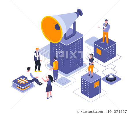 Referral marketing isometric landing page vector template. Advertising business website homepage interface illustration layout. Customers network development web banner isometry concept 104071237