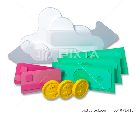 Bank card, coins and banknotes, payment concept, 3d render Bank card, coins and banknotes, payment concept, 3d render 104071413