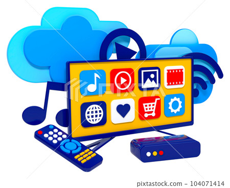 IPTV television set, remote control. 3d concept illustration IPTV television set, remote control. 3d concept illustration 104071414