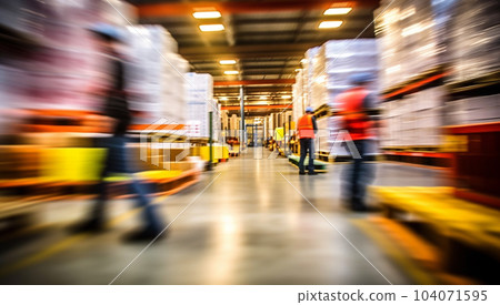 Logistics business warehouse, shipment and loading concept. workers in reflective vests blurred with movement. Staff in a warehouse move between storage racks, motion blur background 104071595