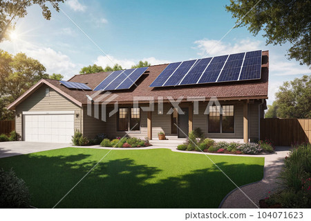 A house with eco-friendly solar panels or alternative photovoltaic installations for electricity on the roof on a sunny day. The concept of clean, sustainable and renewable energy. Generative AI. 104071623