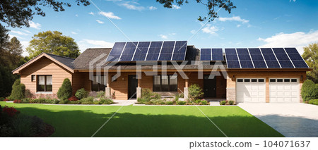 A house with eco-friendly solar panels or alternative photovoltaic installations for electricity on the roof on a sunny day. The concept of clean, sustainable and renewable energy. Generative AI. 104071637