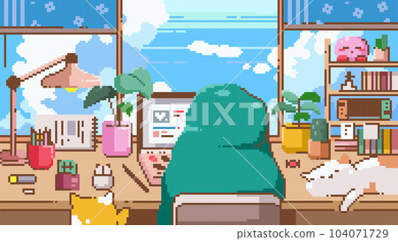 Cozy Pixel Art LoFi Banner. 8bit Girl in Blanket with Laptop, Geek and Gamer Elements in a Comfy Room with Cats and Starry Sky View. Perfect for Social Media Decor, Banner, Poster or Gaming Design.  104071729