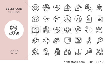 Professional Vet Icons Set. Pet Clinic, Animal Emergency, Hospital, Xray, Grooming, Dental, Hygiene, Recovery, Surgery, Ultrasound, Declawing. Editable Outline Collection.	 104071738