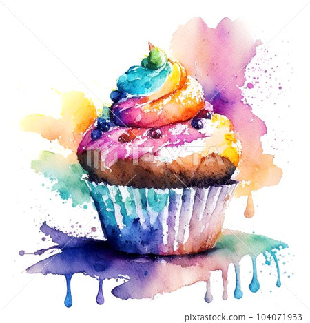 Colorful watercolor cupcake decorated with fruits. Delicious vanilla cake with cream. 104071933