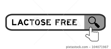 Search banner in word lactose free with hand over magnifier icon on white background Search banner in word lactose free with hand over magnifier icon on white background 104071987