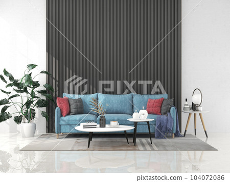 Interior living room with sofa and decorations. Scandinavian design. 3D render 104072086
