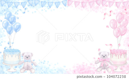 Pink blue banner gender reveal party invitation. Boy or girl. Balloons box, cupcake, confetti. Hand drawn watercolor illustration isolated on white background. For baby shower, children's holiday. 104072238