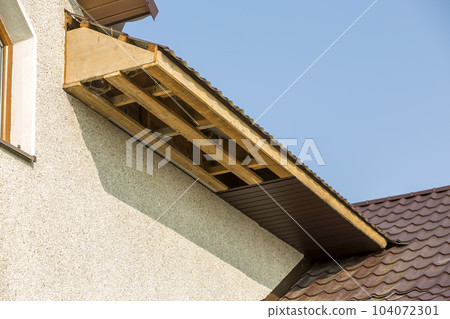 Bottom view detail of new modern house cottage corner with stucco walls, brown shingled roof and unfinished siding installation on clear blue sky copy space background. Real estate concept. 104072301