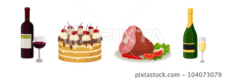 Festive Dish with Ham, Cake and Bottle of Wine Vector Set 104073079