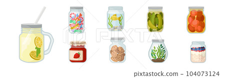 Glass Jars with Different Objects Inside Vector Set Glass Jars with Different Objects Inside Vector Set 104073124
