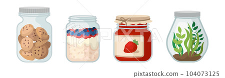 Glass Jars with Different Objects Inside Vector Set Glass Jars with Different Objects Inside Vector Set 104073125