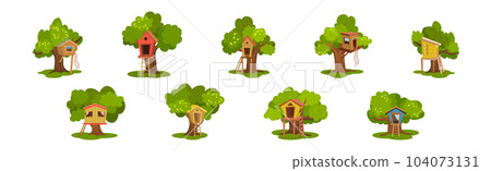Tree House as Shelter with Ladder Among Green Crown Vector Set 104073131