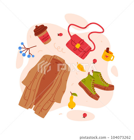 Warm Autumn Clothes and Bright Accessory Vector Composition 104073262