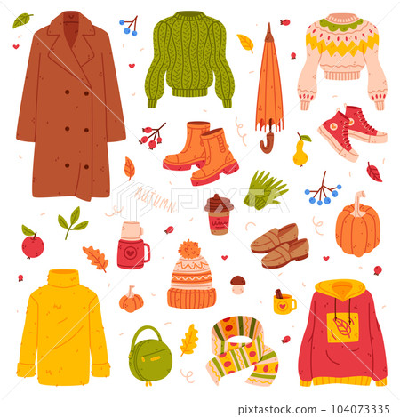 Warm Autumn Clothes and Bright Accessories Vector Set 104073335