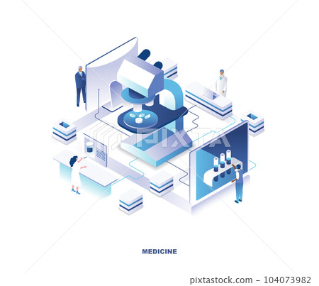 Medicine isometric scene. Concept of pharmaceutics, pharmaceutical research with tiny people or medics working in laboratory around giant microscope with pills or meds. Vector illustration. Medicine isometric scene. Concept of pharmaceutics, pharmaceutical research with tiny people or medics working in laboratory around giant microscope with pills or meds. Vector illustration. 104073982