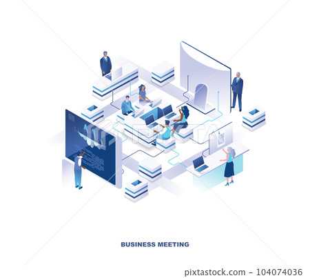 Business meeting isometric scene. Concept with group of clerks or employees sitting around table at office and standing at giant computer screens or control panels. Modern vector illustration. 104074036