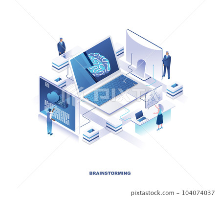 Brainstorming isometric scene. Concept of creative business thinking or idea creation with tiny people standing around giant laptop computer with brain on screen. Modern vector illustration. 104074037