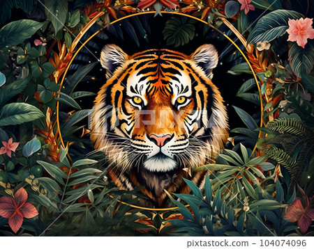 Tiger portrait in jungle, art deco style 104074096