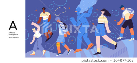 Artificial intelligence, AI and humanity -modern flat vector concept illustration of AI character walking among people in everyday life. Metaphor of AI advantage, benefit, friendliness concept 104074102