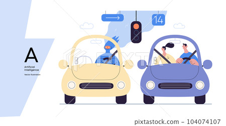 Artificial intelligence, Driving -modern flat vector concept illustration of An artificial intelligence-controlled car. Metaphor of autonomous vehicle, AI superiority and dominance concept 104074107