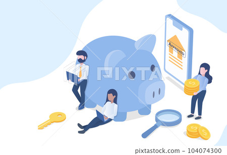 The concept of saving money to buy a house on digital platform online to achieve goals, stability, wealth. Financial business, planning, spending, earning, saving, progress. 104074300