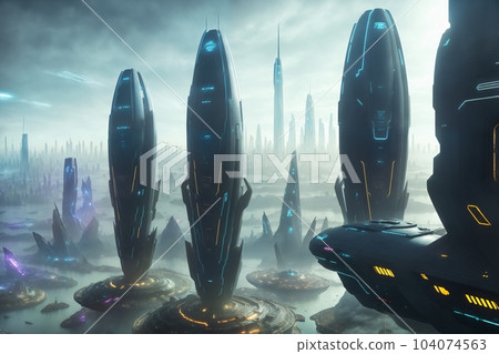 Sci fi modern metaverse city of the future with billboard realistic 104074563