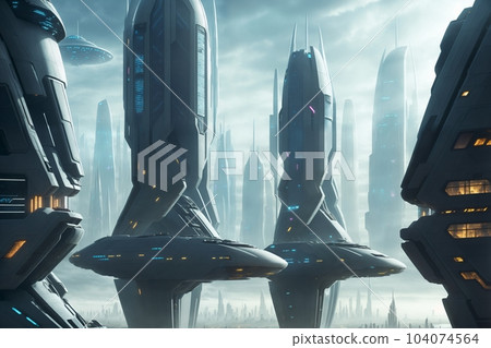 Sci fi modern metaverse city of the future with billboard realistic 104074564