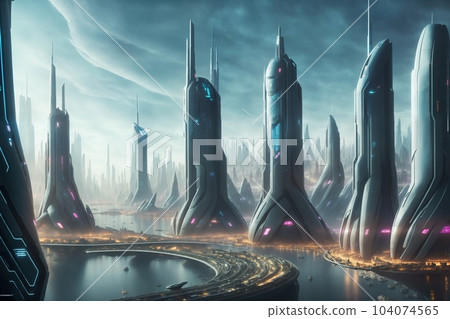 Futuristic Urban Metaverse - Explore a modern city with stunning architecture. Vibrant sunset, billboards, high-tech future. Suitable for digital art, websites, projects. 104074565