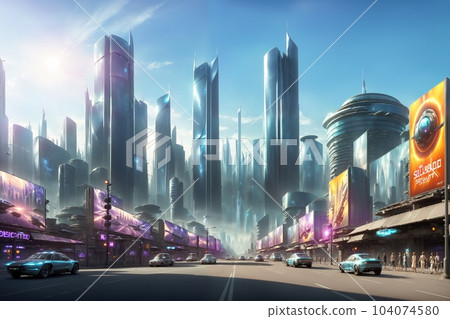 With realistic billboards, the sci-fi metropolis of the future showcases a modern and futuristic setting in the metaverse. 104074580