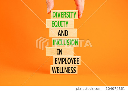 Diversity equity inclusion symbol. Concept words Diversity Equity and Inclusion in employee wellness on wooden block. Beautiful orange background. Diversity equity inclusion concept. Copy space. 104074861