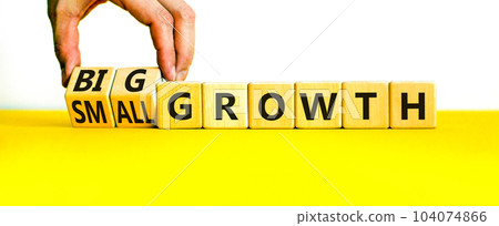 Big or small growth symbol. Businessman turns wooden cubes and changes words Small growth to Big growth. Beautiful yellow table white background, copy space. Business big or small growth concept. 104074866