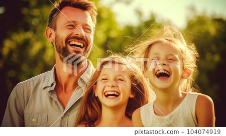 A portrait of a father with his daughters, happy family, parent time, banner, insurance concept A portrait of a father with his daughters, happy family, parent time, banner, insurance concept 104074919