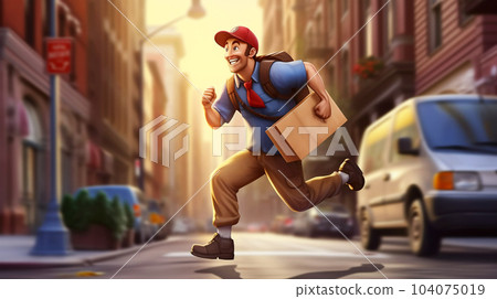 Picturing a running parcel delivery man, a postal concept, modern mail delivery Picturing a running parcel delivery man, a postal concept, modern mail delivery 104075019
