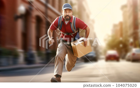 Picturing a running parcel delivery man, a postal concept, modern mail delivery 104075020