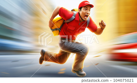 Picturing a running parcel delivery man, a postal concept, modern mail delivery Picturing a running parcel delivery man, a postal concept, modern mail delivery 104075021