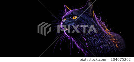 A colorful abstract portrait cat on black background. Generative AI. 104075202