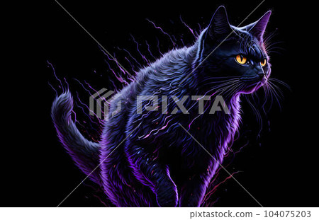 A colorful abstract portrait cat on black background. Generative AI. 104075203